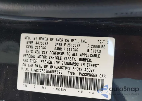 2013 Honda Accord Ex-L V-6 z USA, uszkodzony, nr VIN 1HGCT2B85DA005926